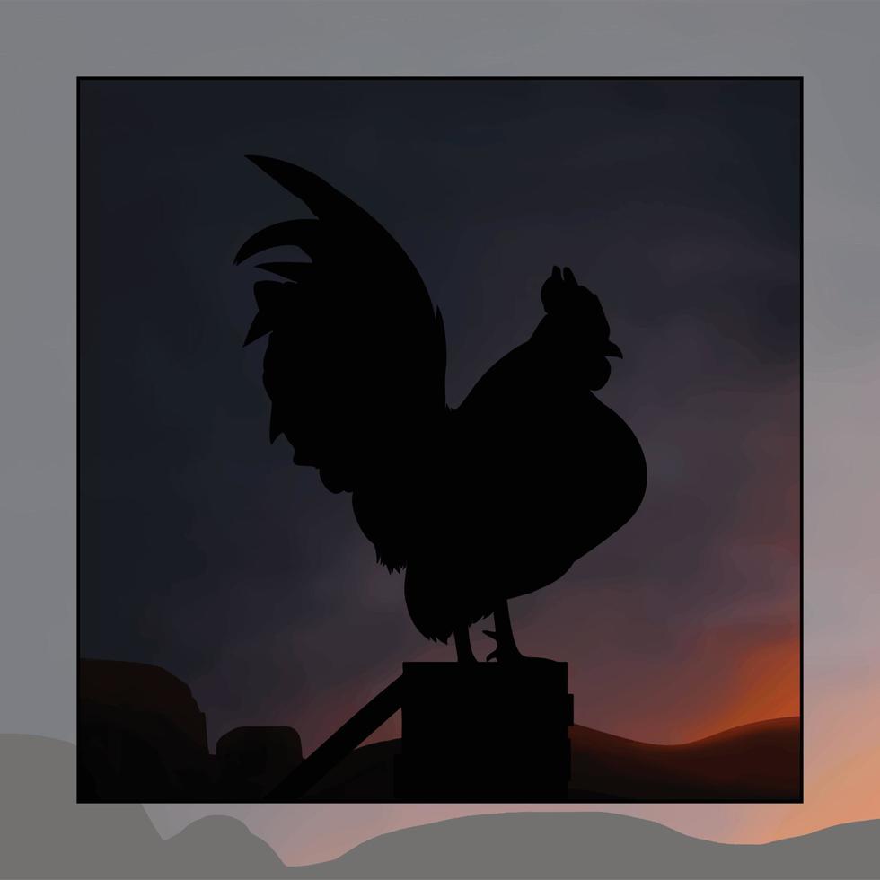 Illustration of a rooster with the sun rising behind him. Vector illustration of a rooster