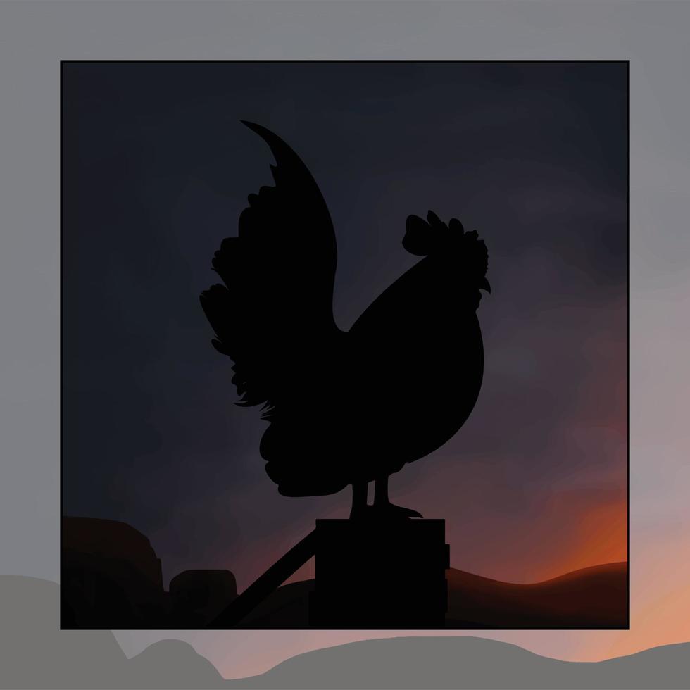Illustration of a rooster with the sun rising behind him. Vector illustration of a rooster