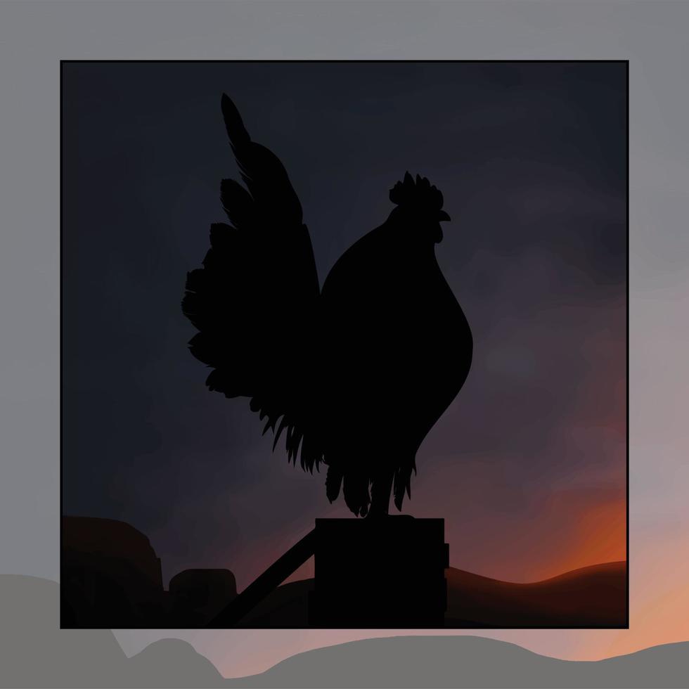 Illustration of a rooster with the sun rising behind him. Vector illustration of a rooster