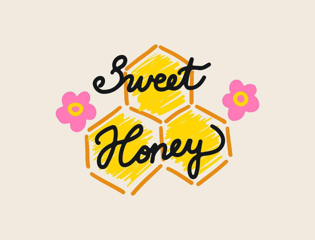 Sweet honey simple label design with honey combs and flowers. Hand lettering. Vector illustration.