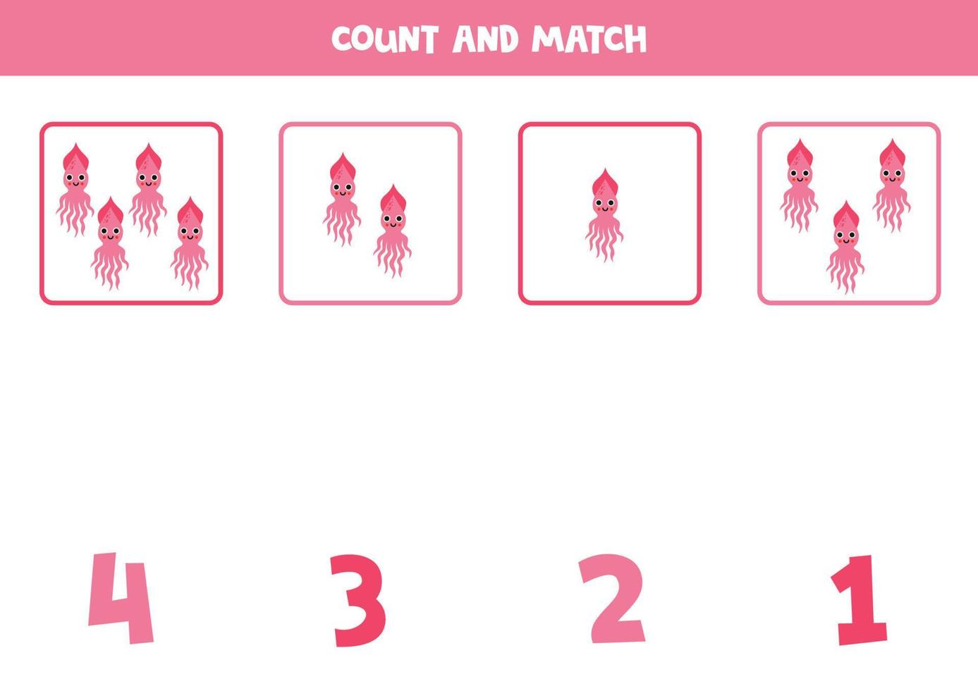 Count all pink squids and match with the correct number. vector