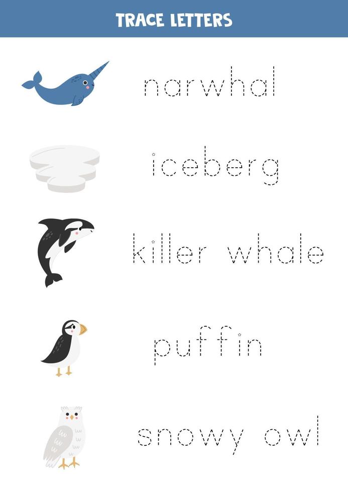 Trace the names of cute arctic animals. Handwriting practice for preschool kids. vector