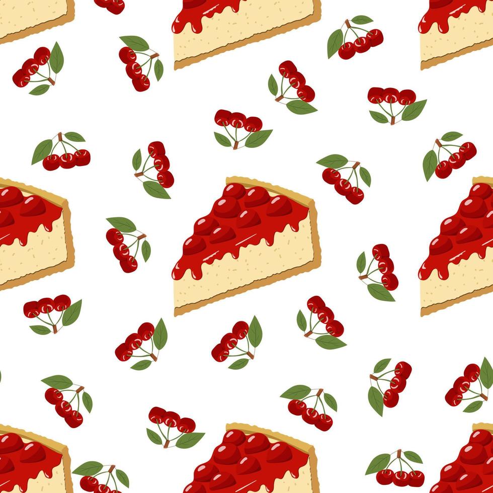 Seamless cherry cheesecake pattern. Vector illustration on a white background.