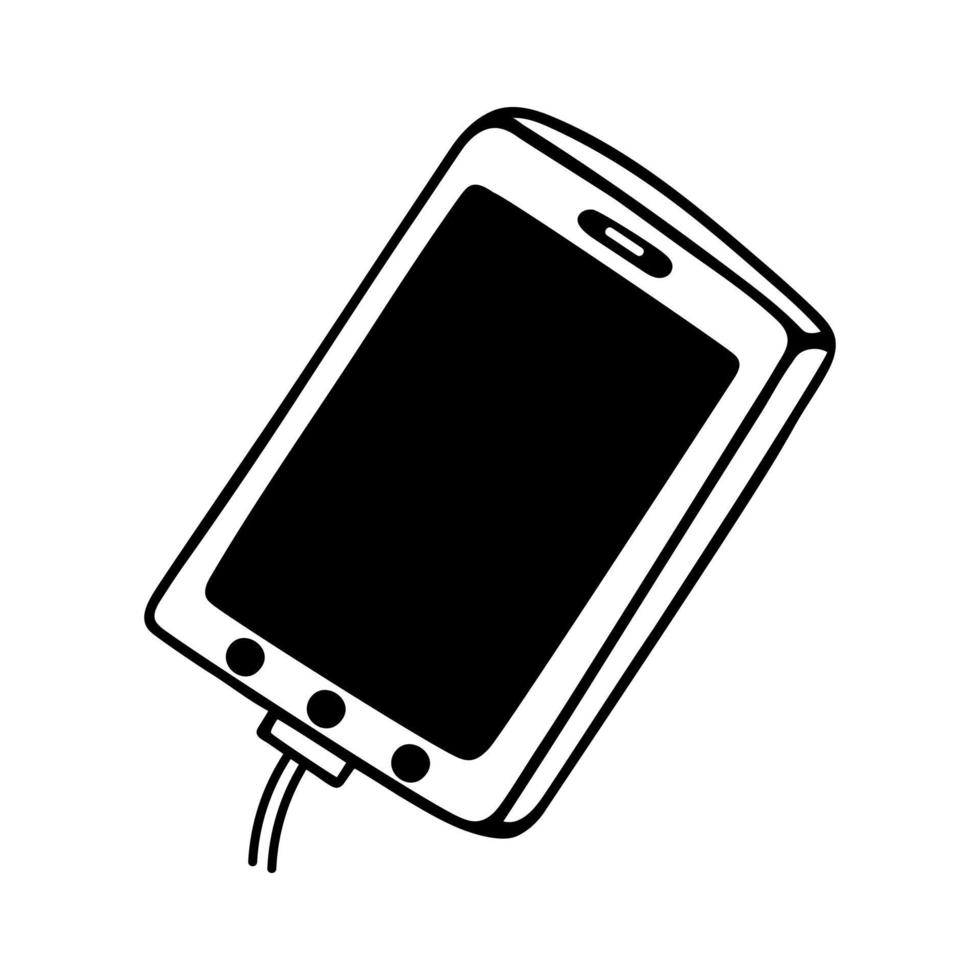 Phone charging vector icon. Smartphone on wired charger. Recharging the gadget from the adapter. Hand drawn doodle isolated on white. Outline, black simple line art. Clipart for logo, apps, web