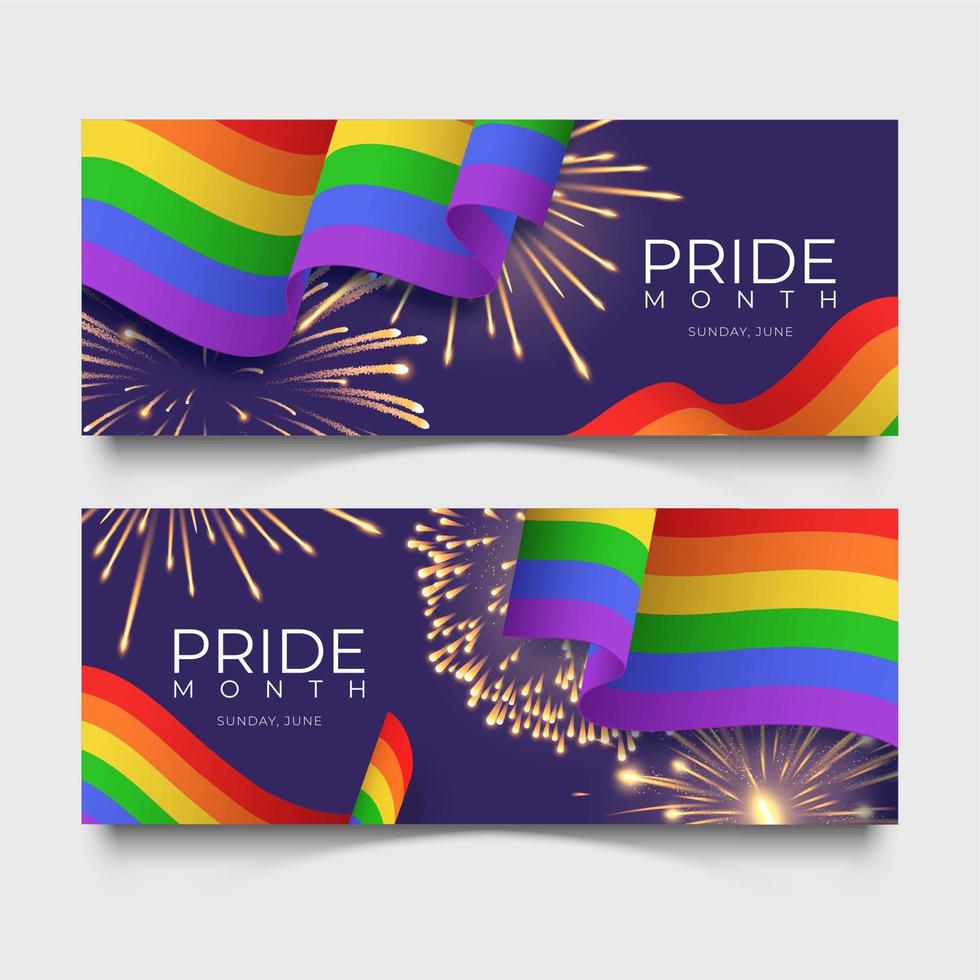 Banners with the LGBT rainbow realistic waving flags and fireworks. Symbol of lesbian, gay, bisexual, transgender vector
