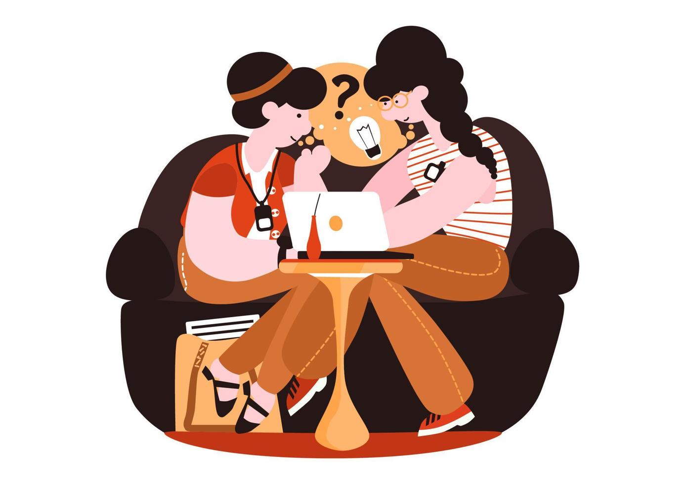 Mentoring concept. Two women sitting on a sofa and solving a problem. Vector. vector