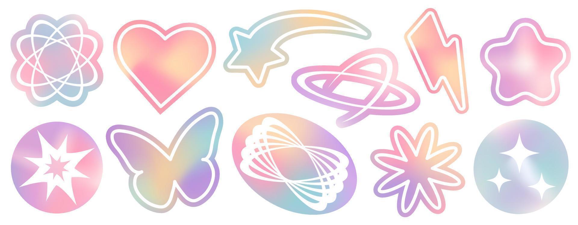 Set of mesh gradient stickers in pastel colors. Abstract y2k geometric shapes in trendy retro style. Heart, flower, daisy, butterfly, star vector