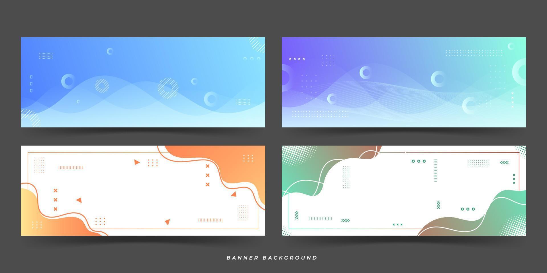 banner backgrounds. full of colors, waves, gradations, geometric memphis, 4 sets of collections vector