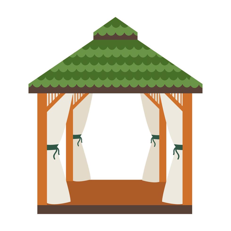 Vector gazebo with green roof. Pergola for relaxing in the garden. Light architectural structure located in a garden or park. White isolated background.