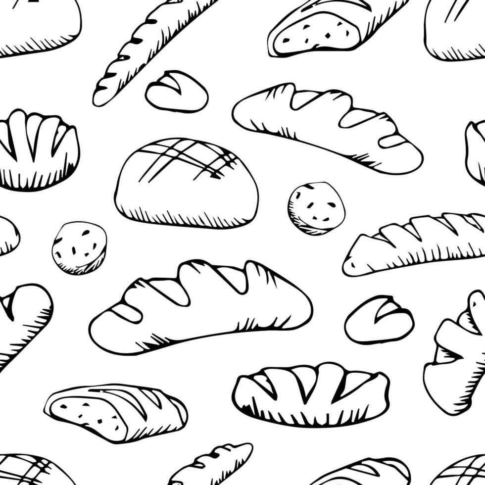 bread outline pattern. Drawing rye, whole grain and wheat bread, pretzel, muffin, pita bread, ciabatta, croissant, bagel, toast bread, French baguette for bakery menu decoration. Vector illustration.