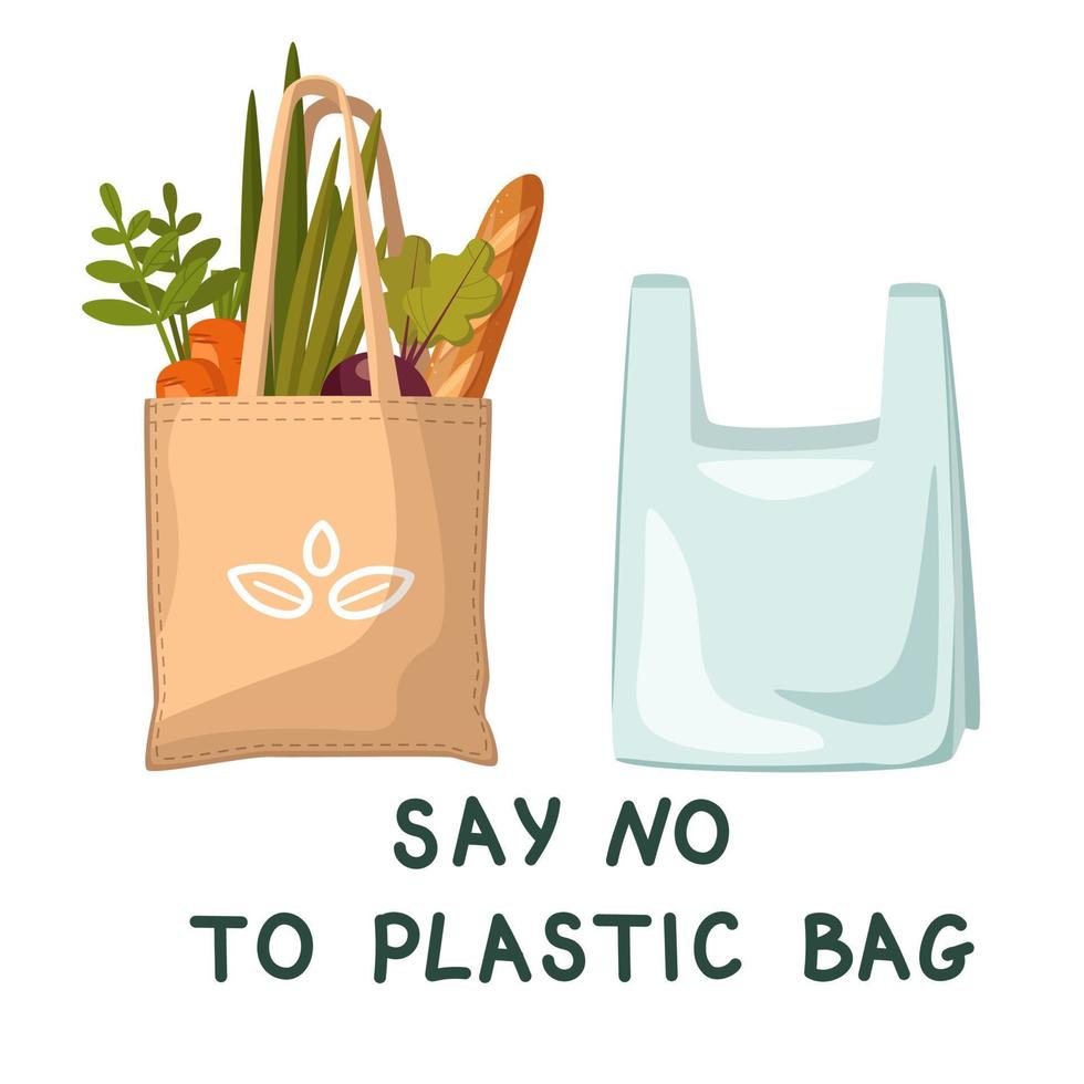 Pollution problem concept. Say no to plastic bags, bring a textile bag with you. vector