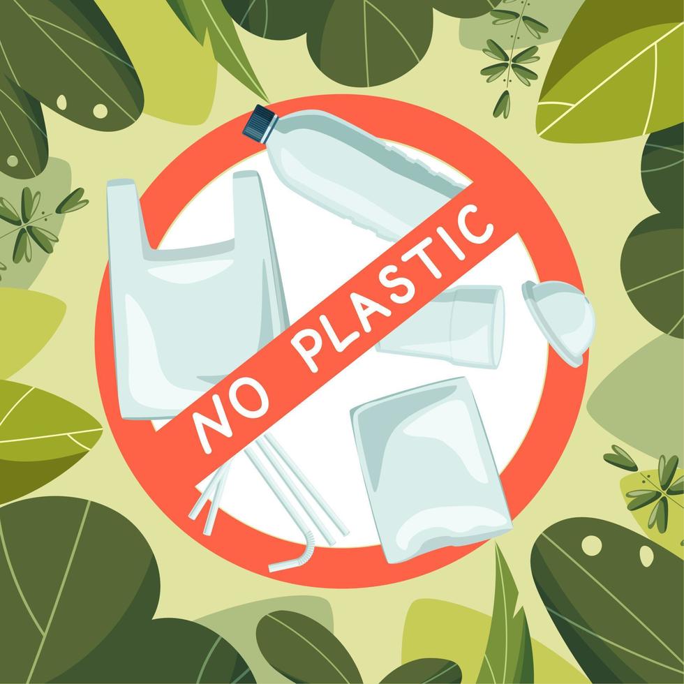 No plastic signal, protest against plastic waste. Framed with bright green leaves. vector