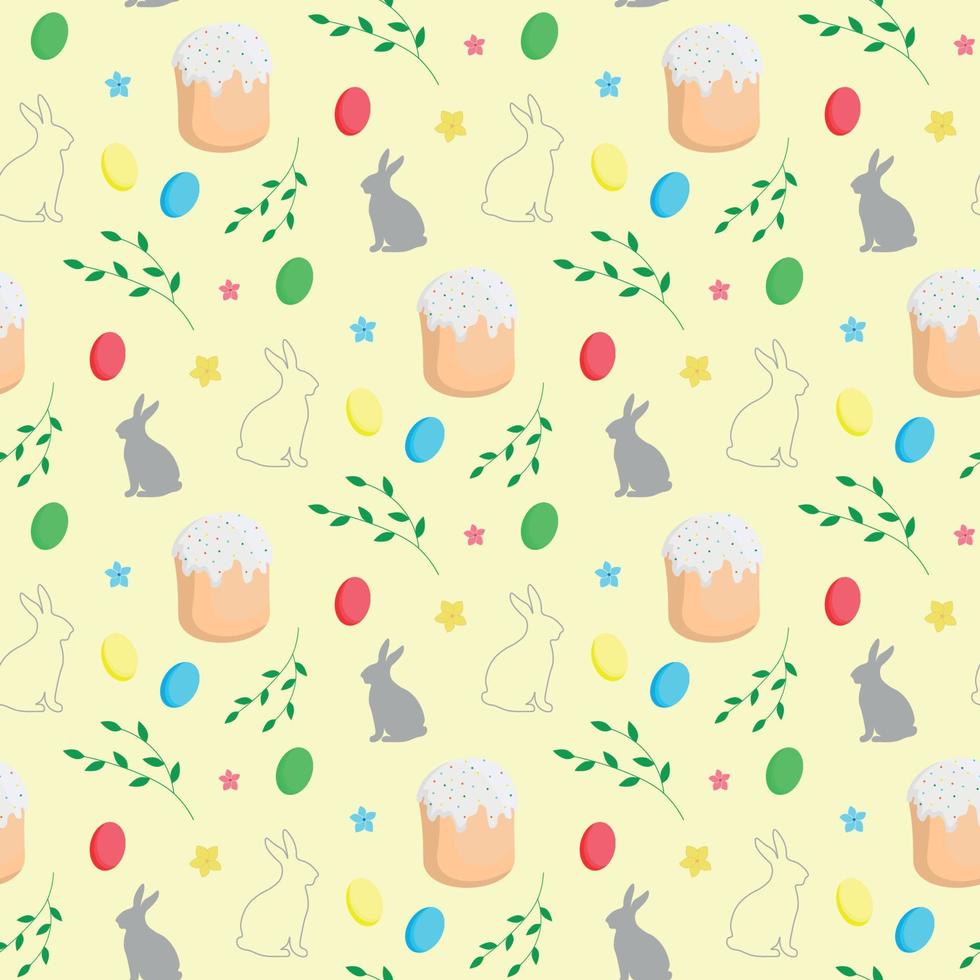 Yellow square easter background with holiday symbols, seamless pattern vector