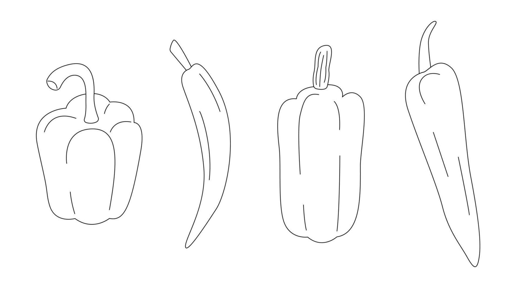Different peppers line art set. Bell, chili, banana pepper collection in cartoon style. Outline icon set isolated on white background. Hand drawn doodle vector illustration.