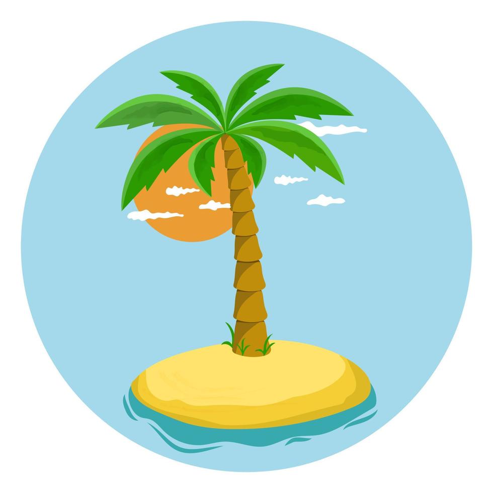 Island with palm tree, sun and clouds against the blue sky. vector