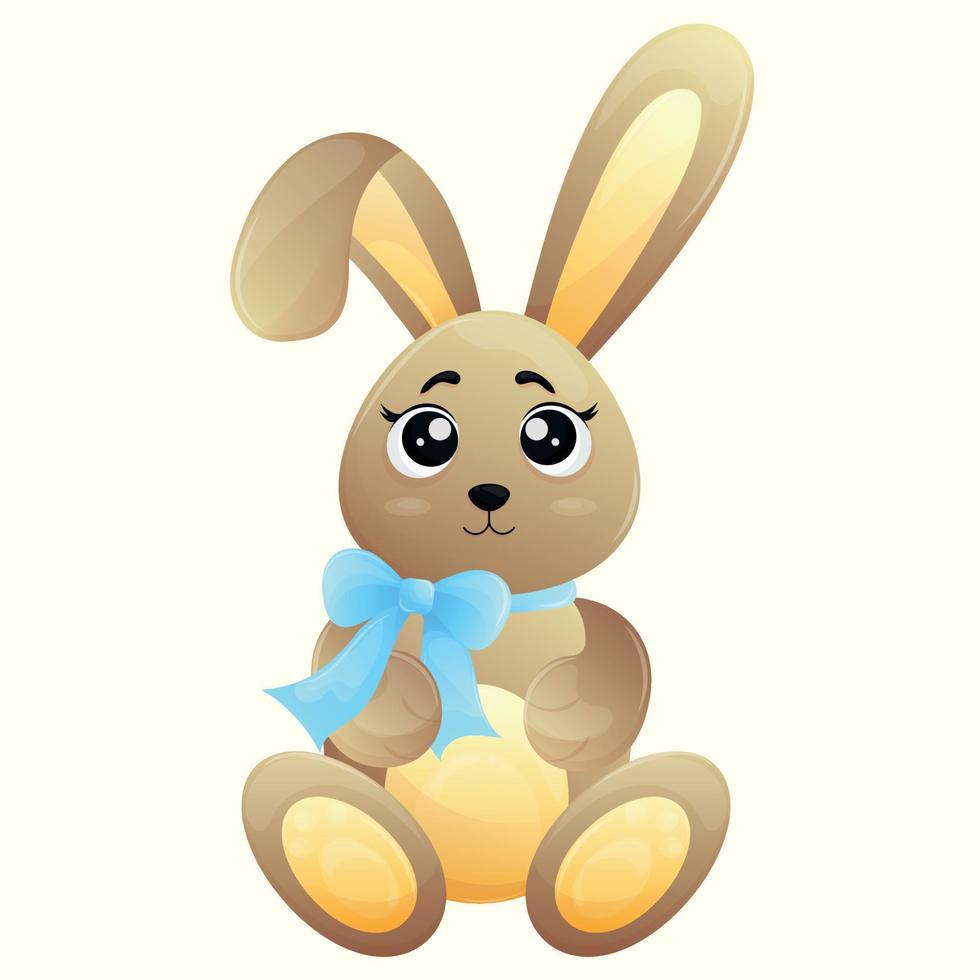 Easter cute cartoon plush brown bunny with a blue bow around his neck, cute eyes and a folded ear. Funny animals and easter character for postcard vector