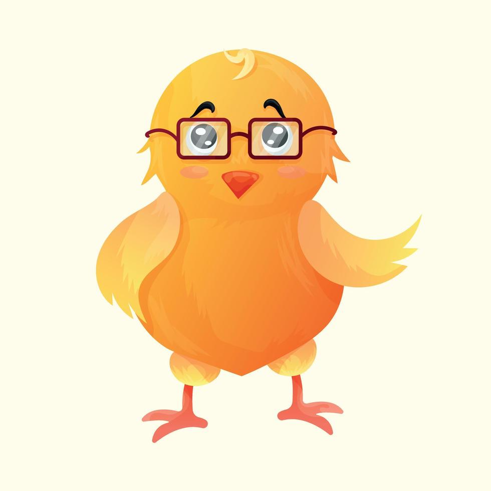 Yellow cute cartoon unusual smart chicken with square glasses. Easter little chick boy with glasses and cute eyes. Cute cartoon animal for children or postcard vector