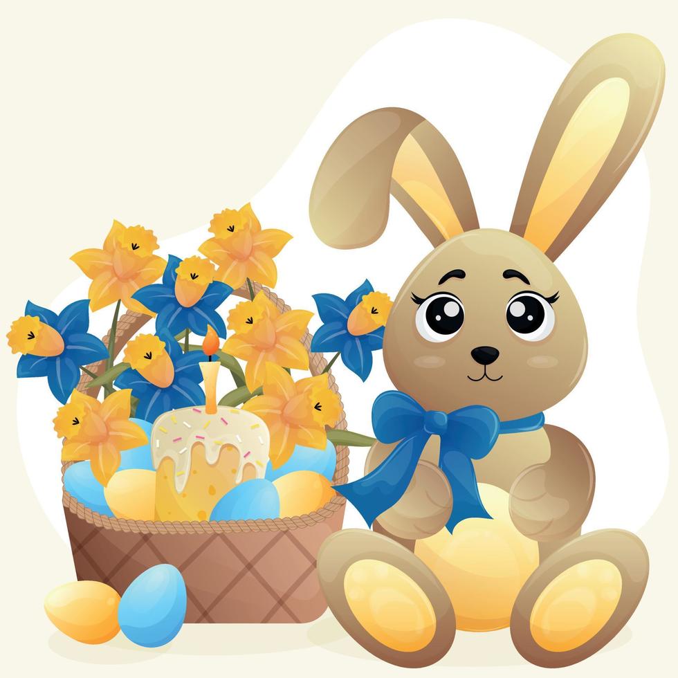 Easter cute cartoon plush brown bunny with a blue bow and a wicker basket with blue and yellow daffodils, colorful eggs, white cream cake with sprinkles and a burning candle. Funny character rabbit vector