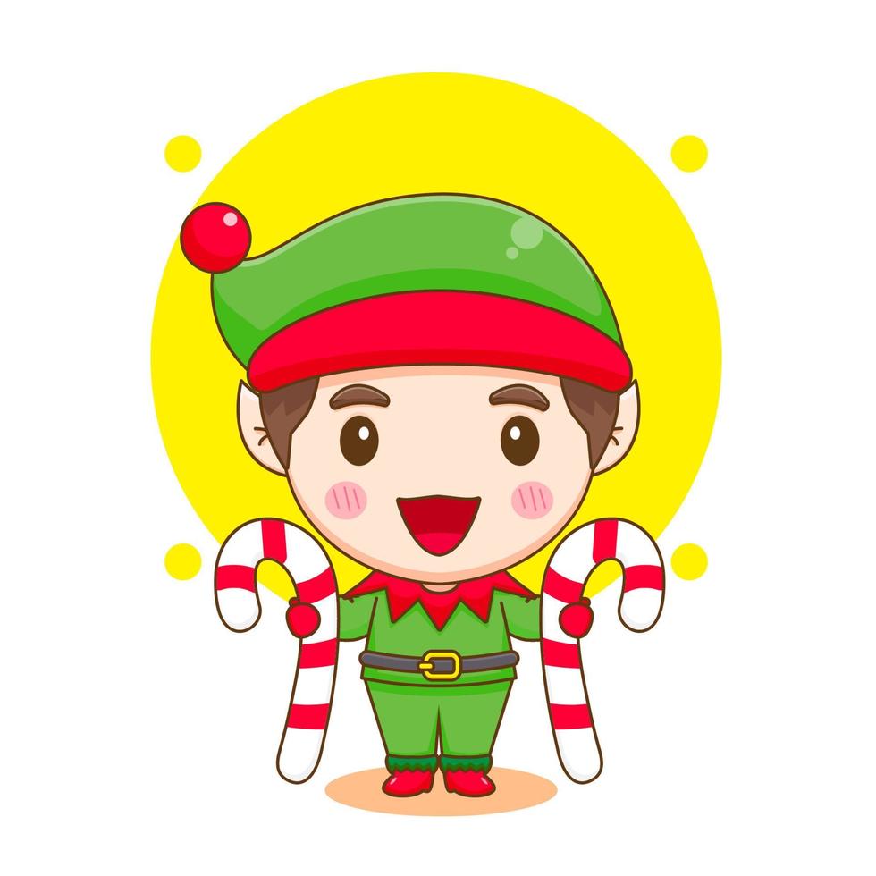 Cute elf with christmas candy chibi cartoon character vector