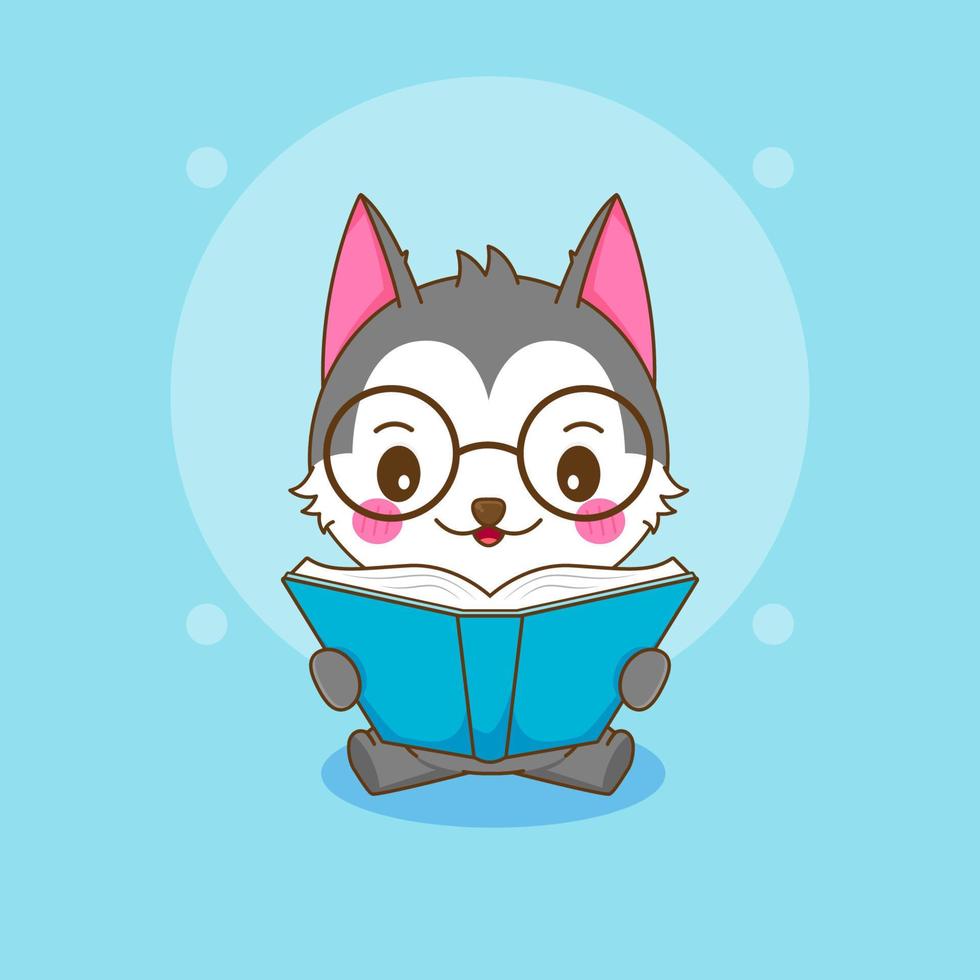 Cartoon illustration cute nerd husky character reading a book vector