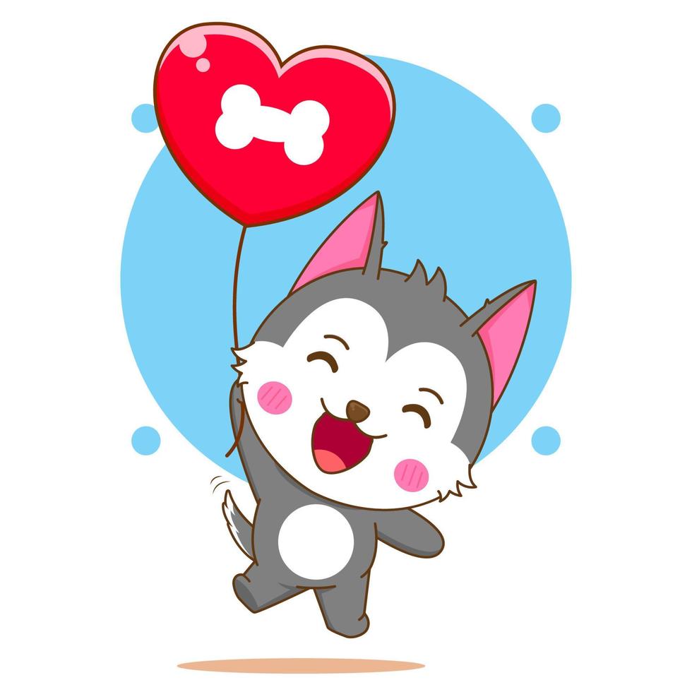 Cartoon illustration cute husky character floating with love balloons vector