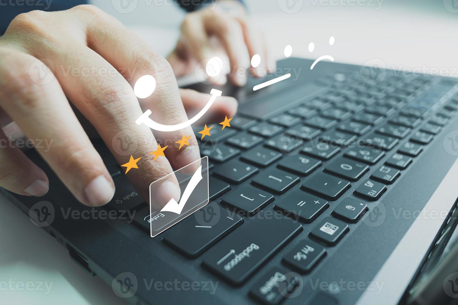 Concept of customer satisfaction and service, businesswoman using laptop to express their opinion, answer and satisfied score, best service, feedback from guest. photo