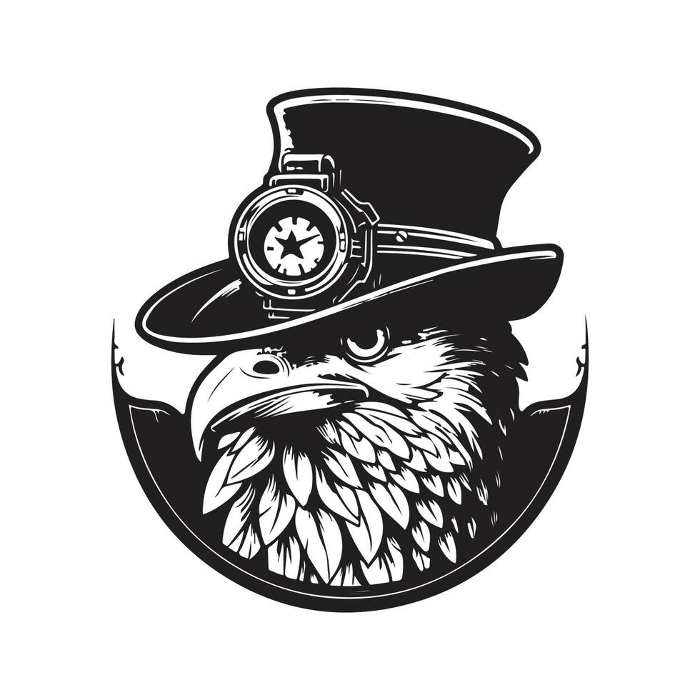 eagle wearing steampunk hat, logo concept black and white color, hand drawn illustration vector