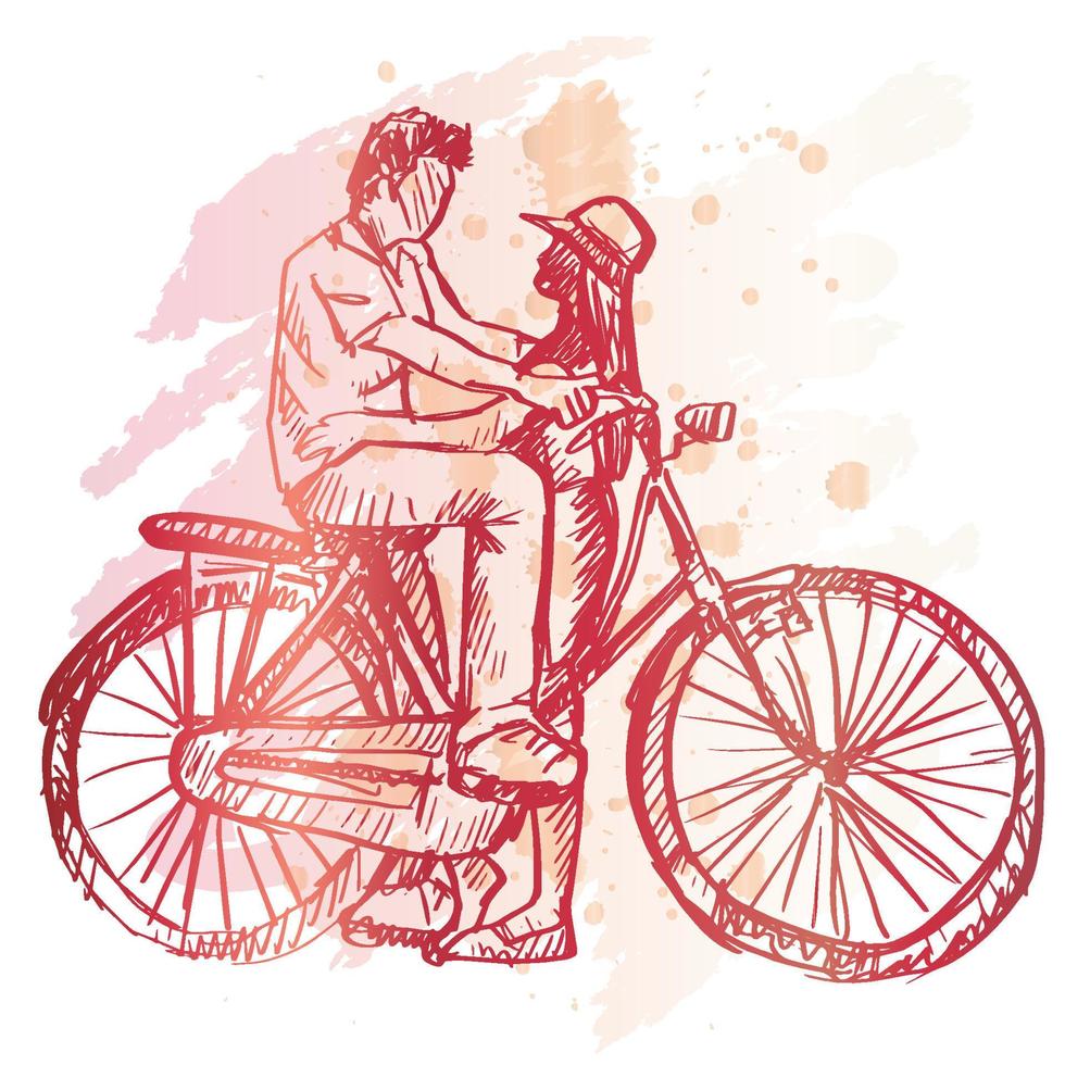 Sketch of couple with old bicycle. vector