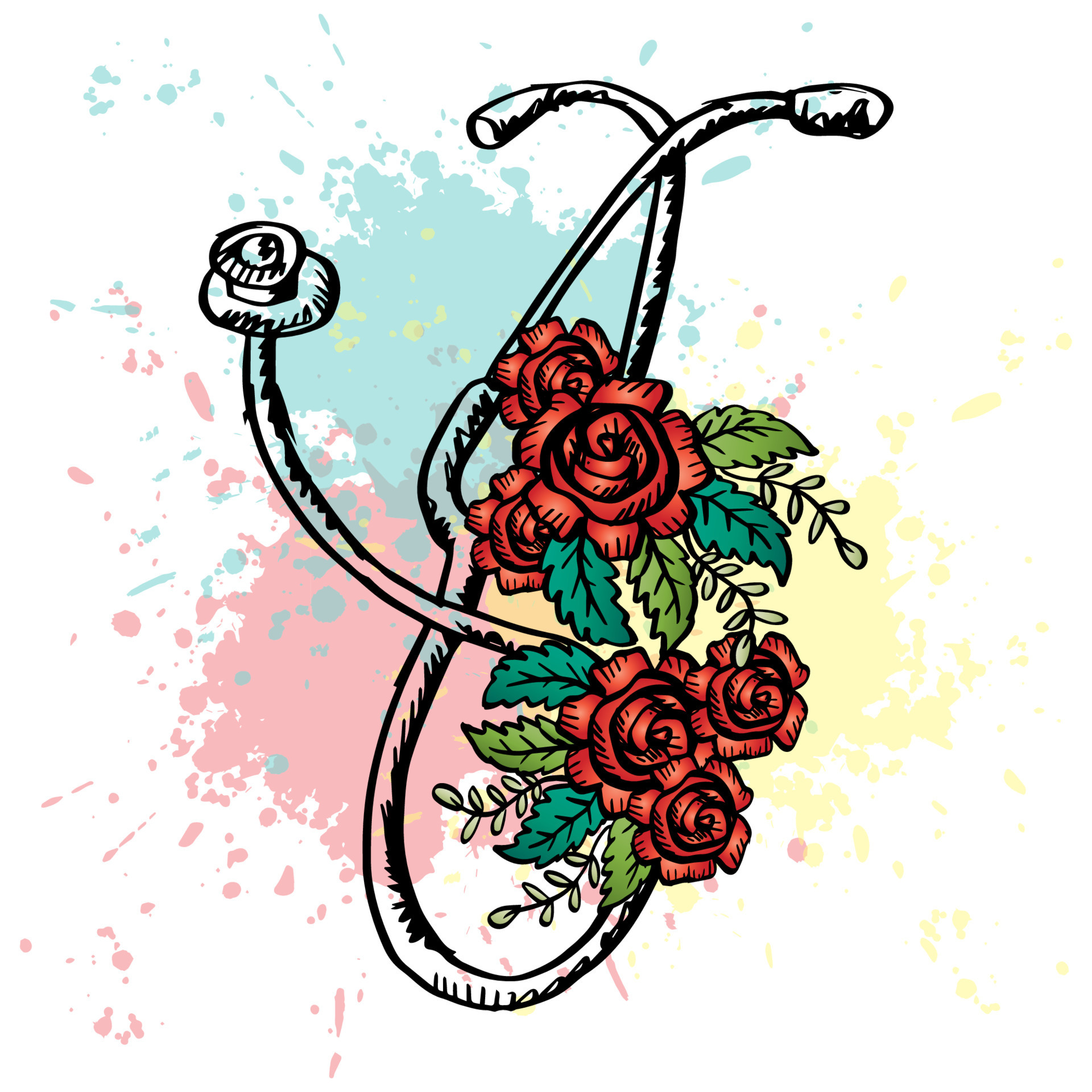 Doodle medical stethoscope with rose flower. 22089190 Vector Art at