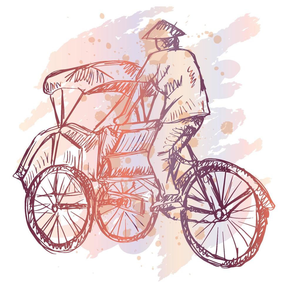 Sketch of traditional tricycle called Becak from Indonesia. vector