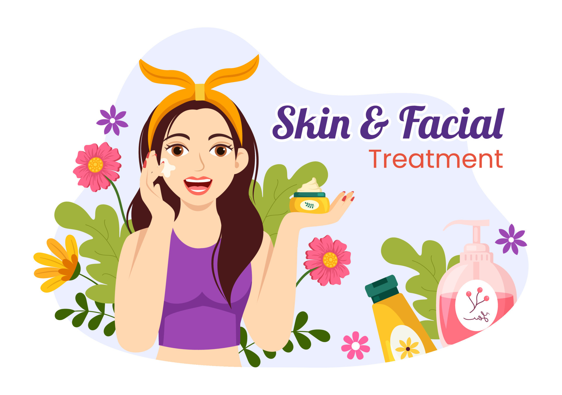 Facial and Skin Treatment Illustration with Women Skin Care, Anti Age 