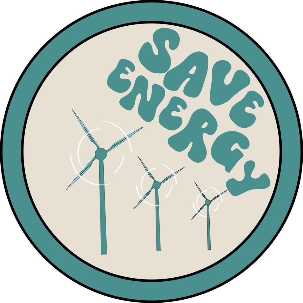 icon in trendy retro cartoon style, groovy 70s with alternative energy,wind turbine and lettering save energy. Vector illustration