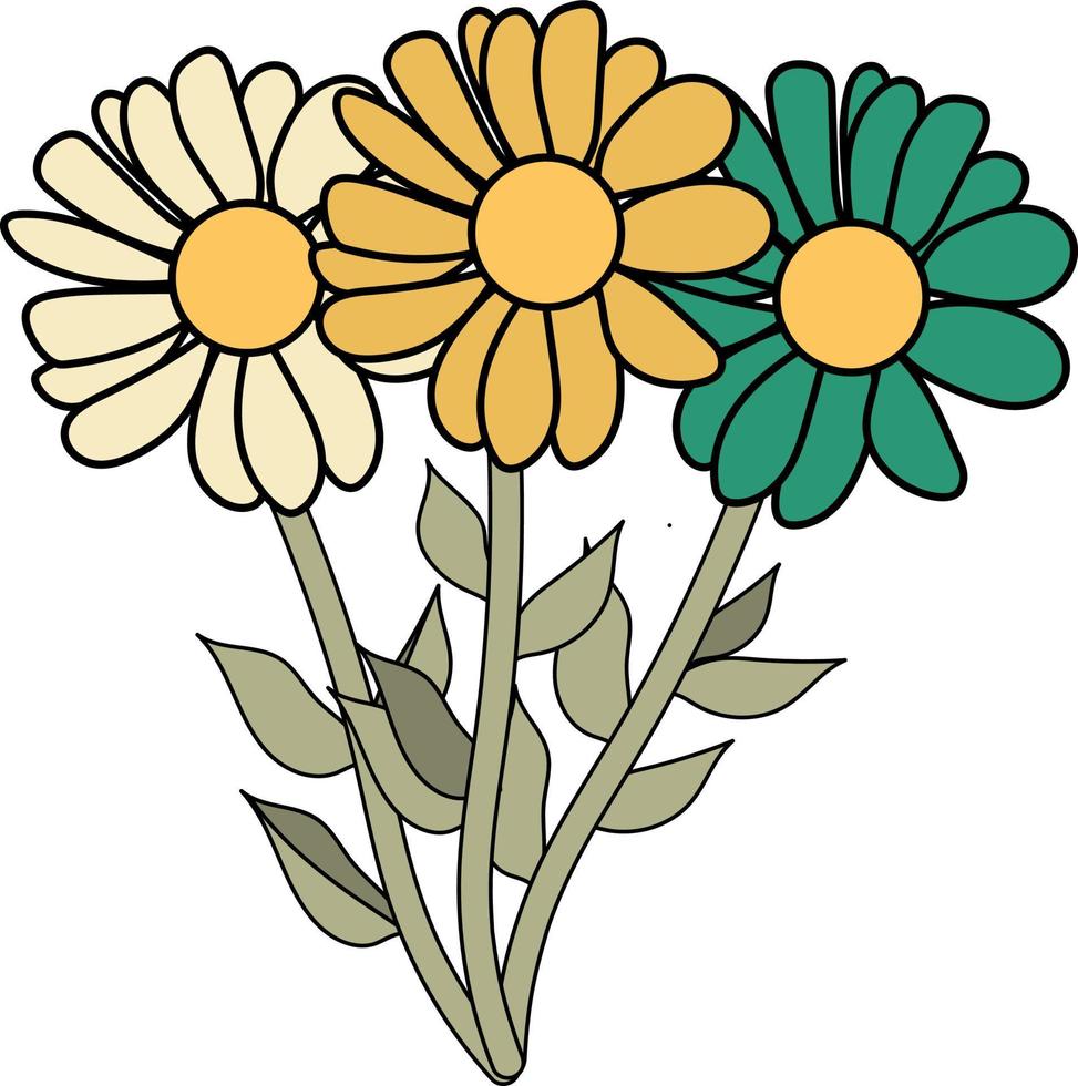 bouquet of flowers in the style of the 70s groovy for creating patterns for backgrounds and cards. Vector illustration