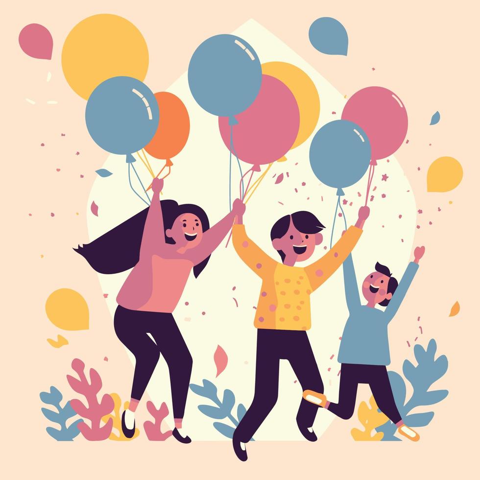 contento niños con globos vector ilustración. eps10