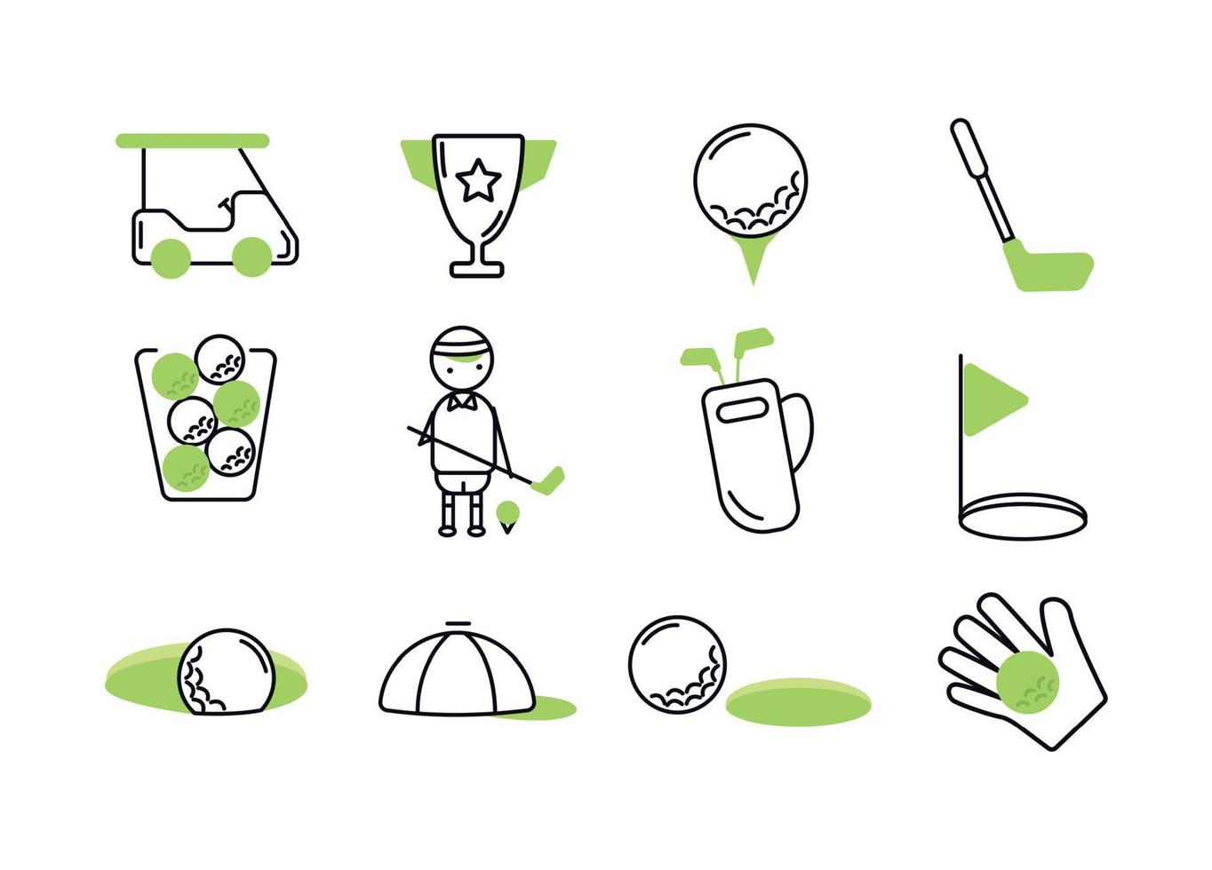 Golf icons set. Golf ball on a stand. A golfer with a stick near the ball on a stand. Cap. Golf ball near the hole vector