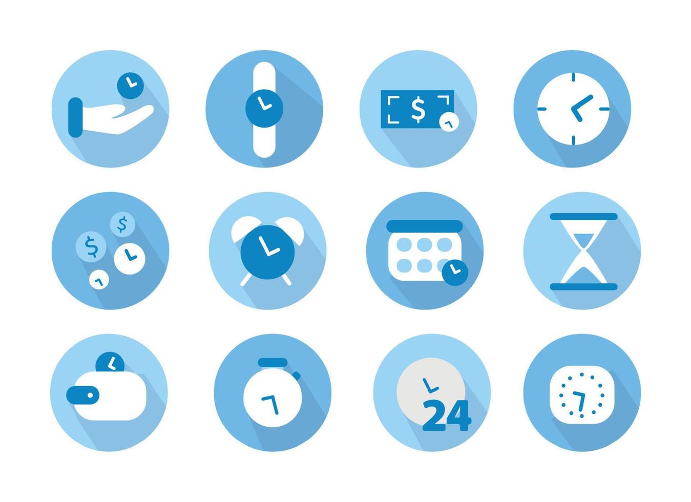 Time management icons set. Elements in the set calendar, alarm clock, hourglass, wristwatch, clock, time is money, timer, time in hand. vector
