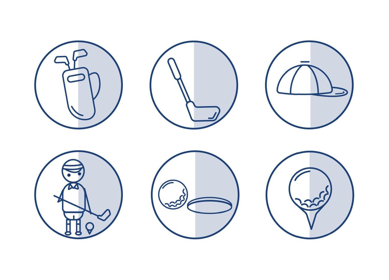 Golf icons set. Golf ball on a stand. Hockey stick. A bag of clubs. A golfer with a stick near the ball on a stand. Cap. vector