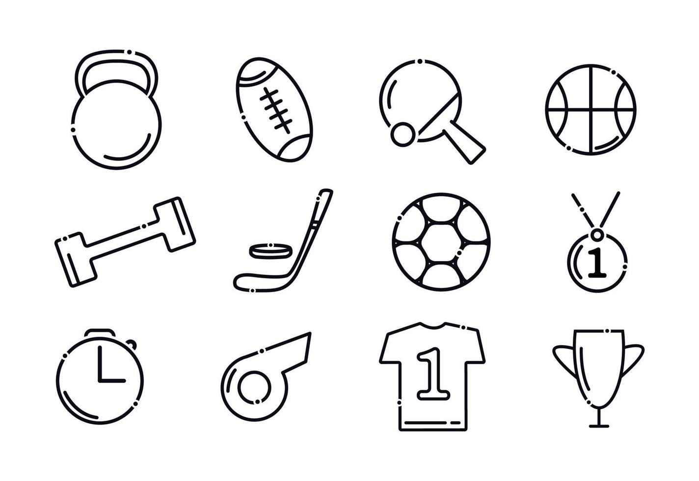 Sport icons set. Elements in the set kettlebell, soccer ball, rugby ball, basketball, dumbbell, hockey, club, puck, first place medal, whistle, t-shirt, cup. vector