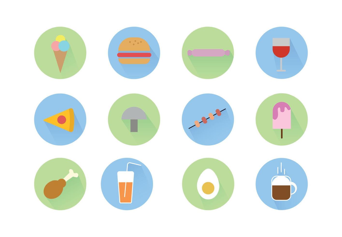 A set of food icons. Includes ice cream, tea, coffee, burger, candy, ice cream, glass of wine, chicken leg, kebab, pizza, juice, egg, mushroom vector