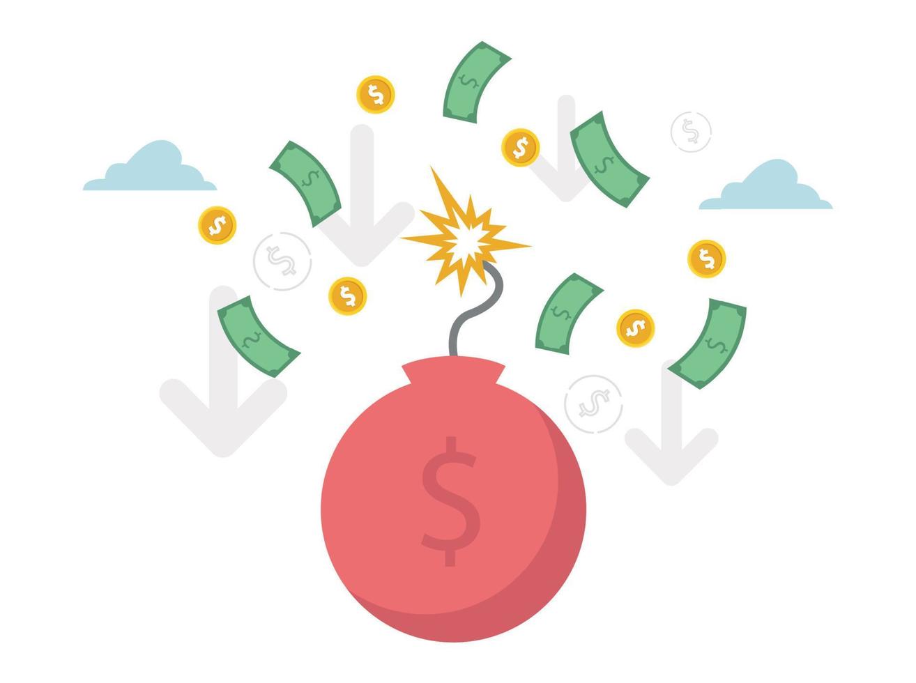 Devaluation. A bomb with a dollar sign and a burning wick, bills and coins scattered around, down arrows. Vector illustration.