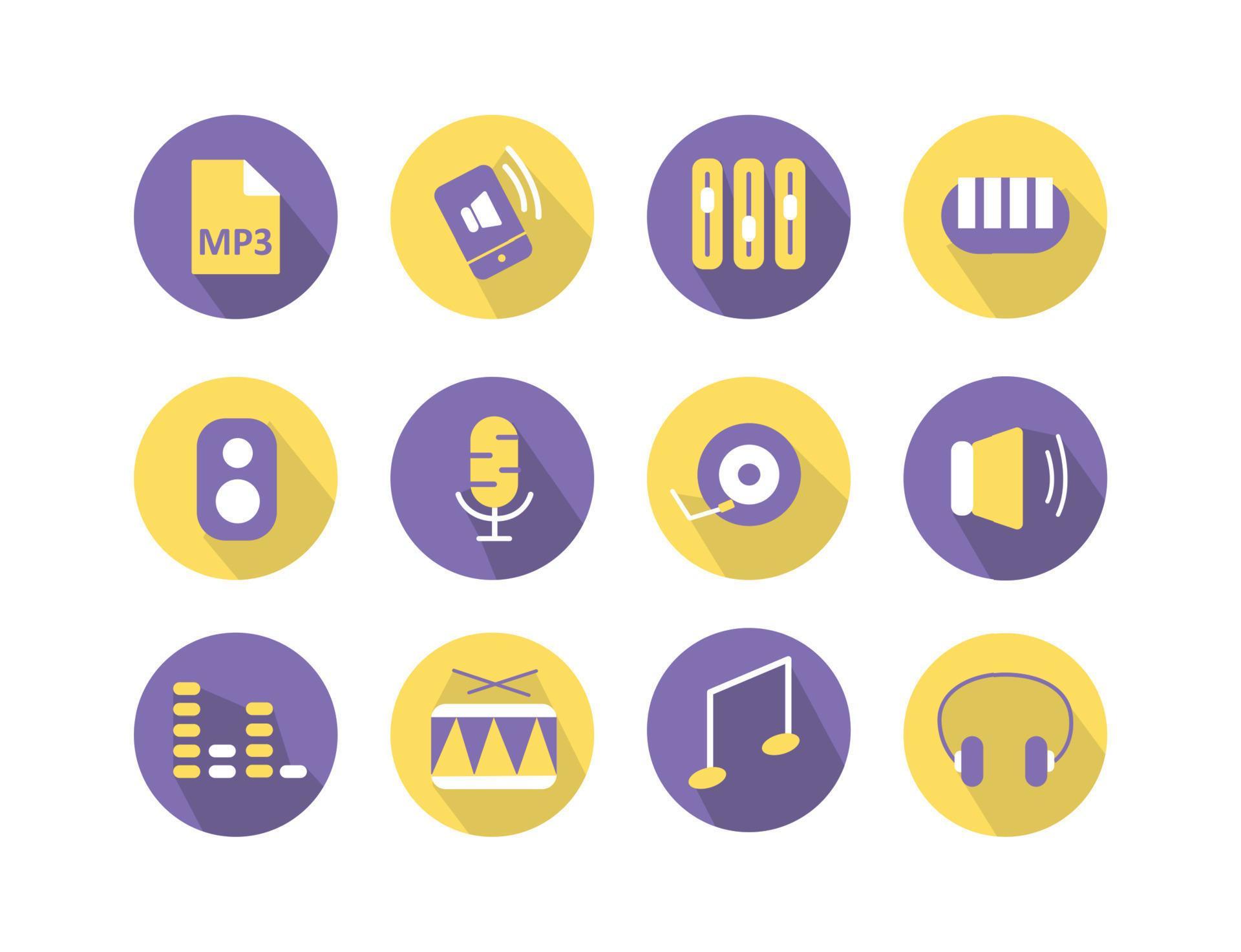 A set of music icons. Elements in the set volume, mp3 format, speaker