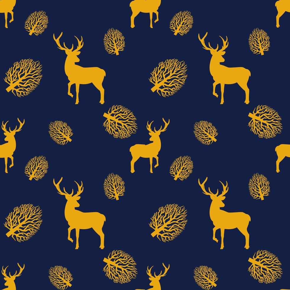 Deers and trees seamless pattern on dark blue background. vector