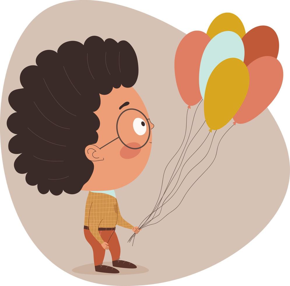 A curly boy with glasses in his hand is holding a balloons. vector