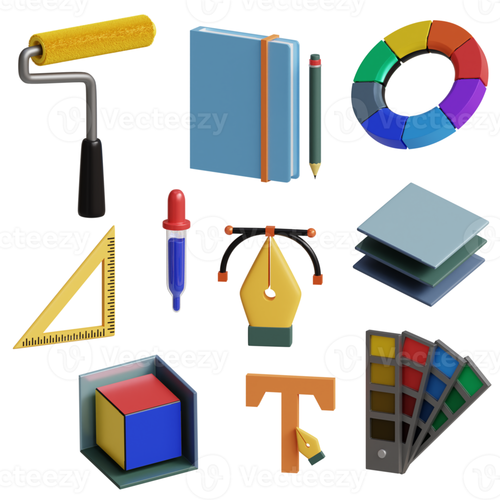 3d graphic designer set icon includes paint roll, eyedropper, notes, circleof color, 3d cube, etc perfect for design project png