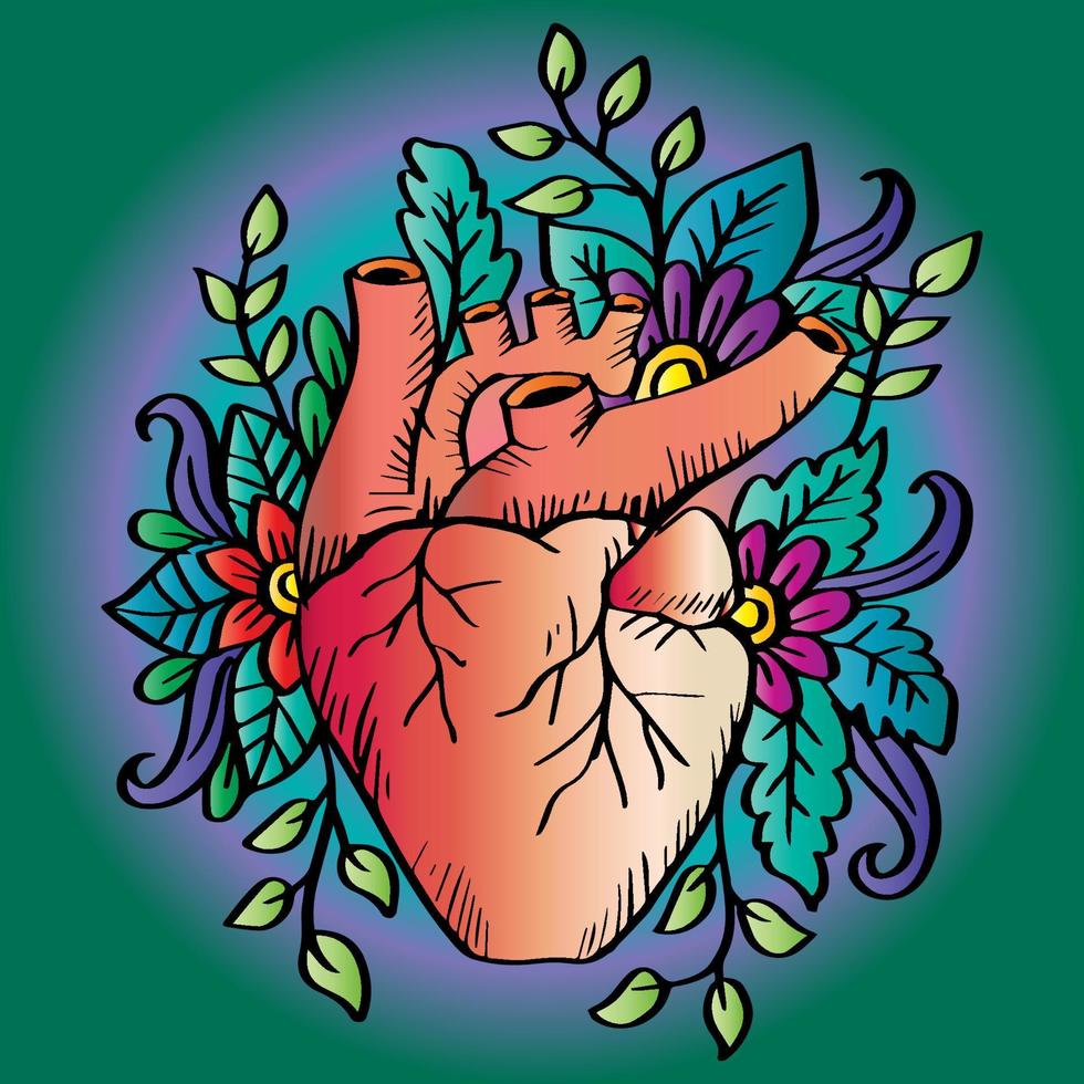Doodle human heart with floral decoration. vector