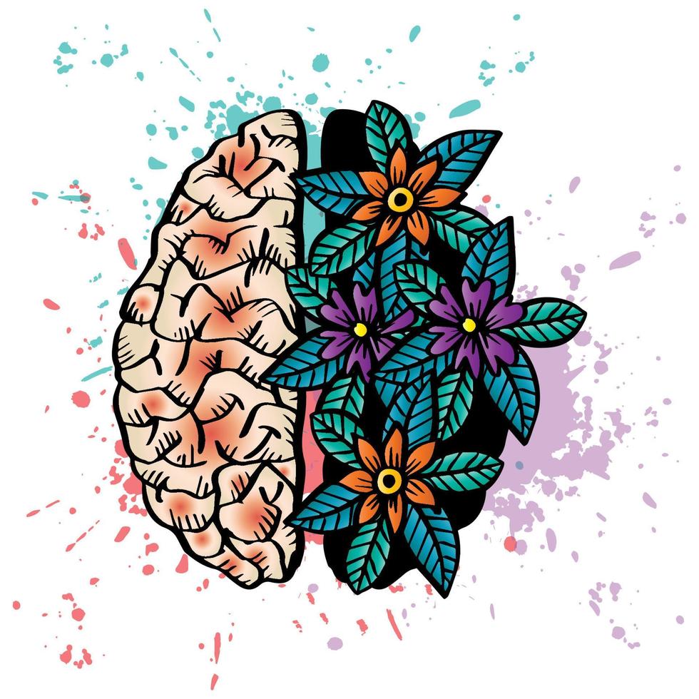 garabatear humano cerebro con floral decoración. vector