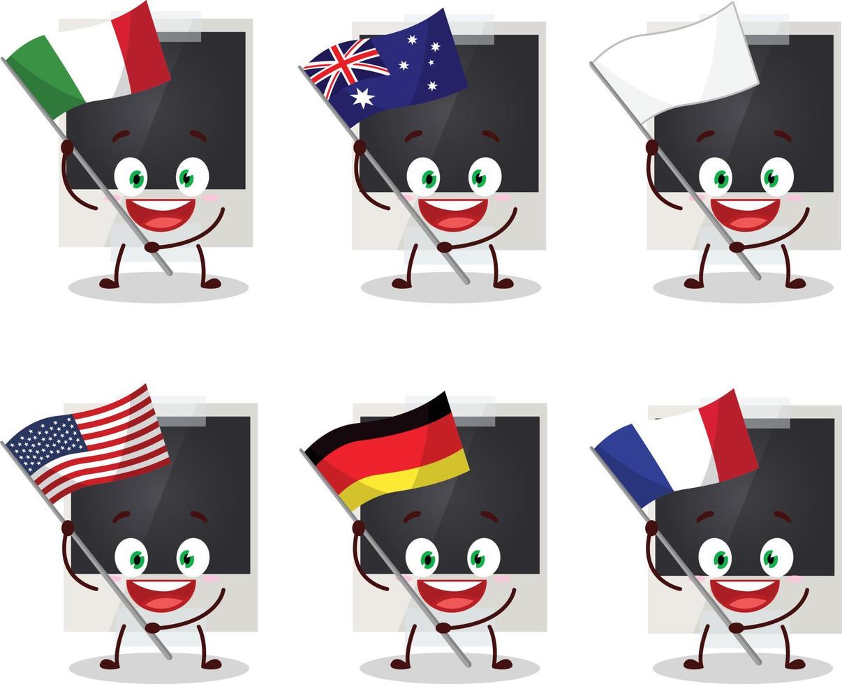 negro polaroid dibujos animados personaje traer el banderas de varios países vector