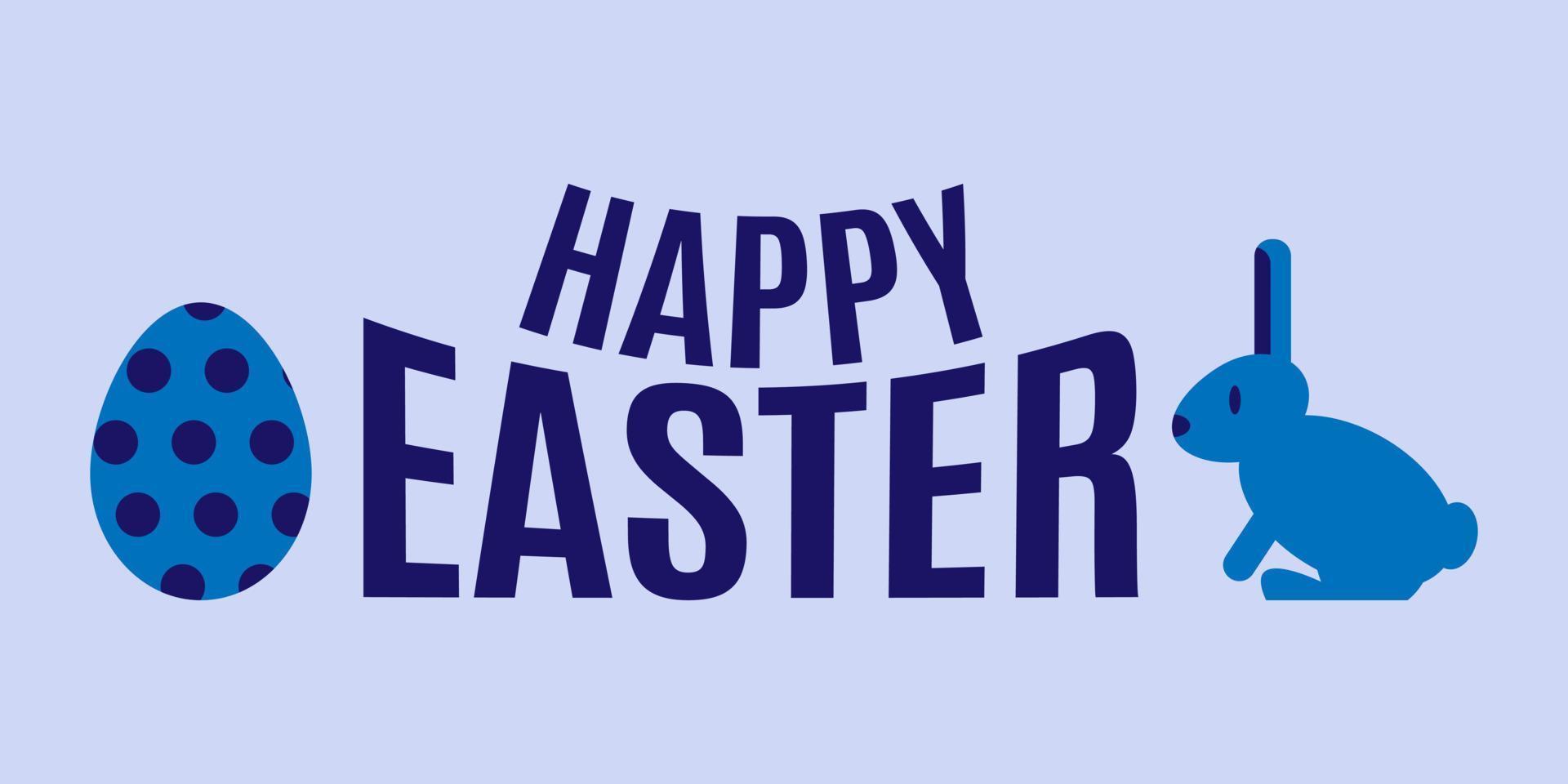 Happy Easter lettering with egg and rabbit. Blue colors vector