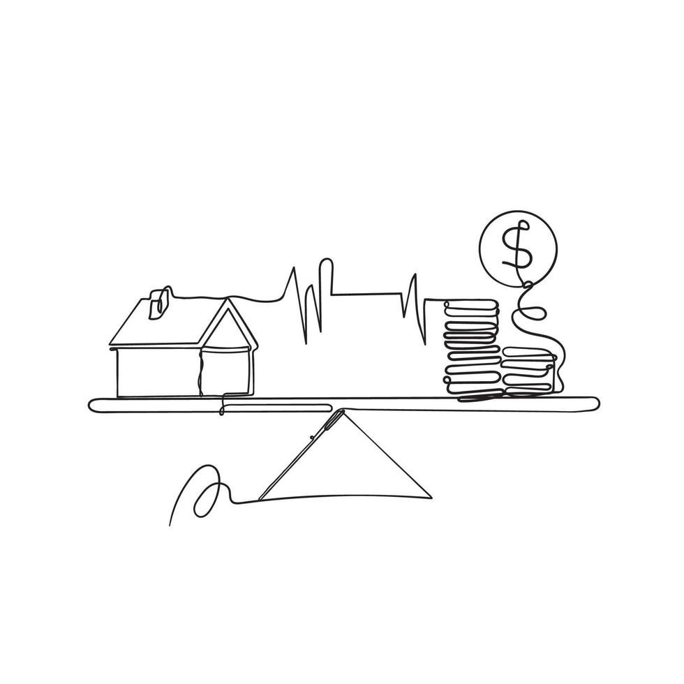continuous line drawing house and money on weight balance illustration vector