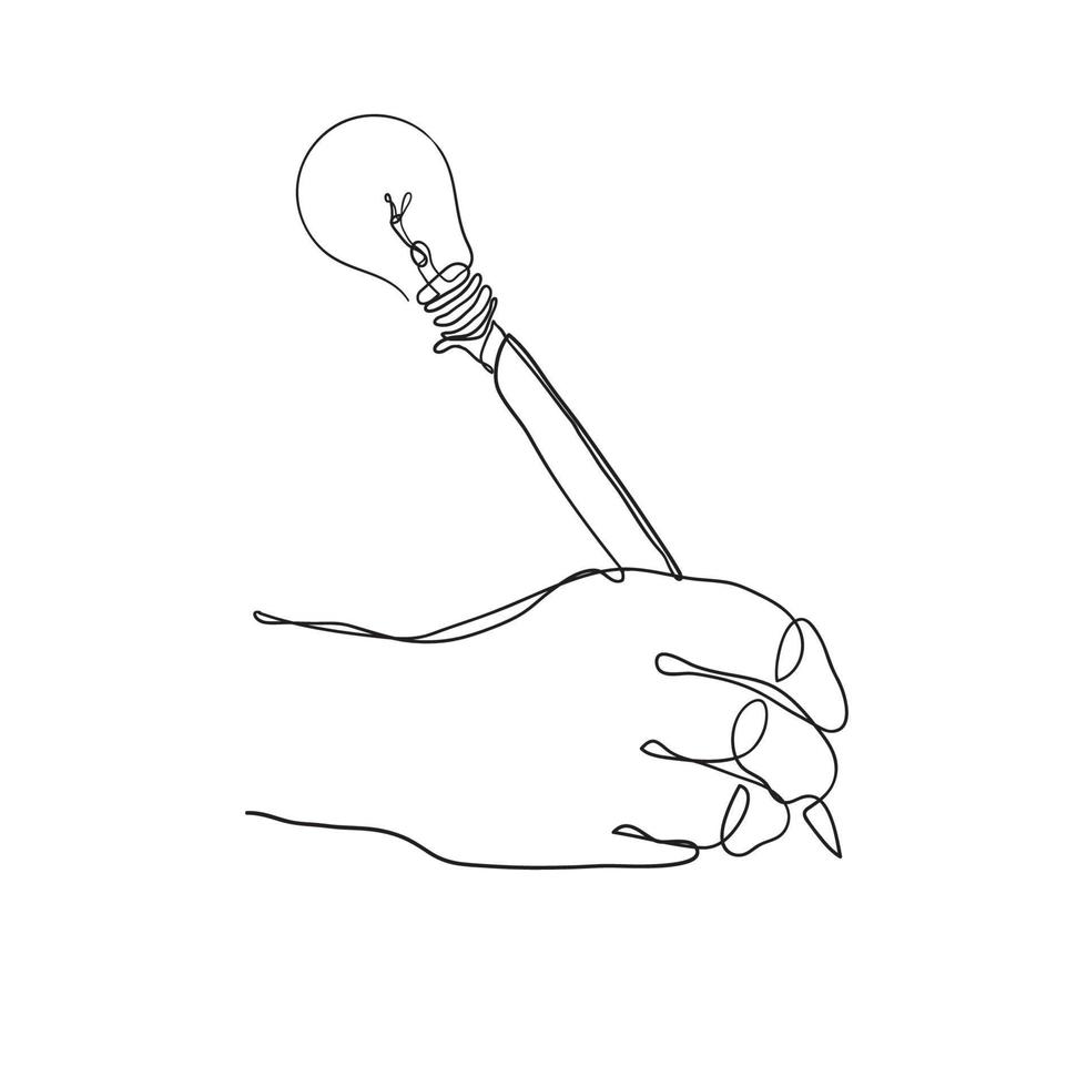 continuous line drawing hand holding pencil with bulb illustration vector